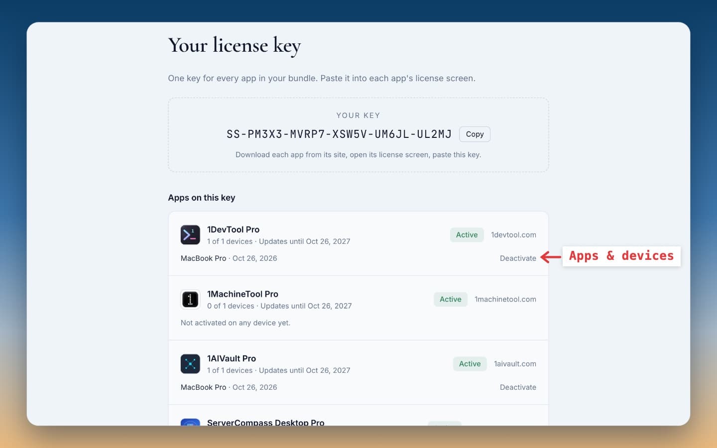 Xem mọi app và thiết bị, hoặc giải phóng một thiết bị, trên trang key của bạn.