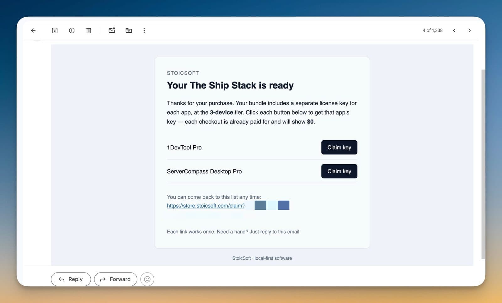 We email you a claim link for each app in the bundle.